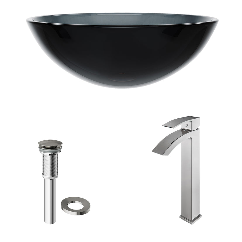 Glass Round Vessel Bathroom Sink in Sheer Black with Duris Faucet and Pop-Up Drain in Chrome