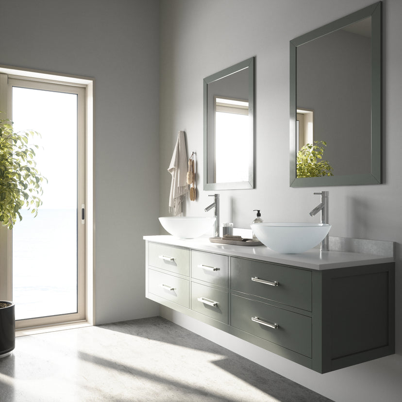 White Frost Glass Round Vessel Bathroom Sink with Dior Faucet and Pop-Up Drain in Chrome