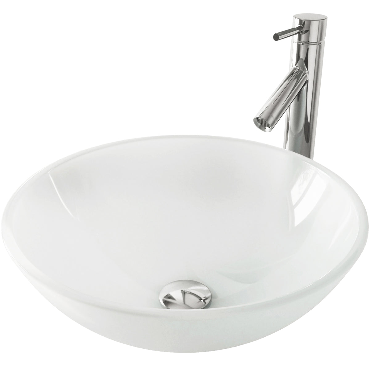 White Frost Glass Round Vessel Bathroom Sink with Dior Faucet and Pop-Up Drain in Chrome