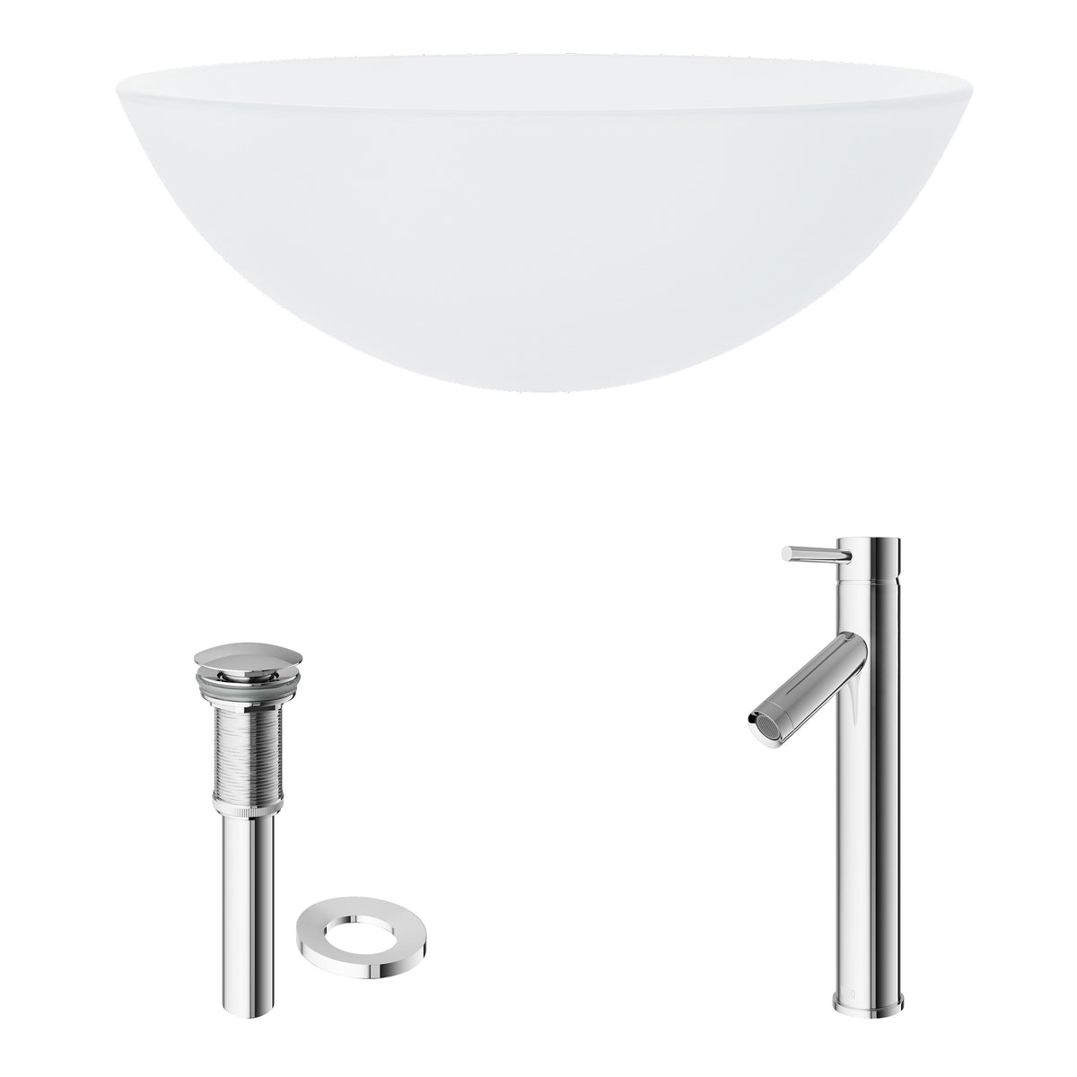 White Frost Glass Round Vessel Bathroom Sink with Dior Faucet and Pop-Up Drain in Chrome