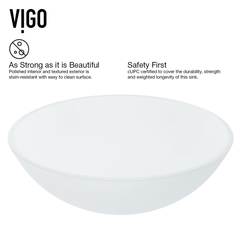 White Frost Glass Round Vessel Bathroom Sink with Dior Faucet and Pop-Up Drain in Chrome