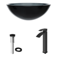 Glass Round Vessel Bathroom Sink in Sheer Black with Duris Faucet and Pop-Up Drain in Matte Black