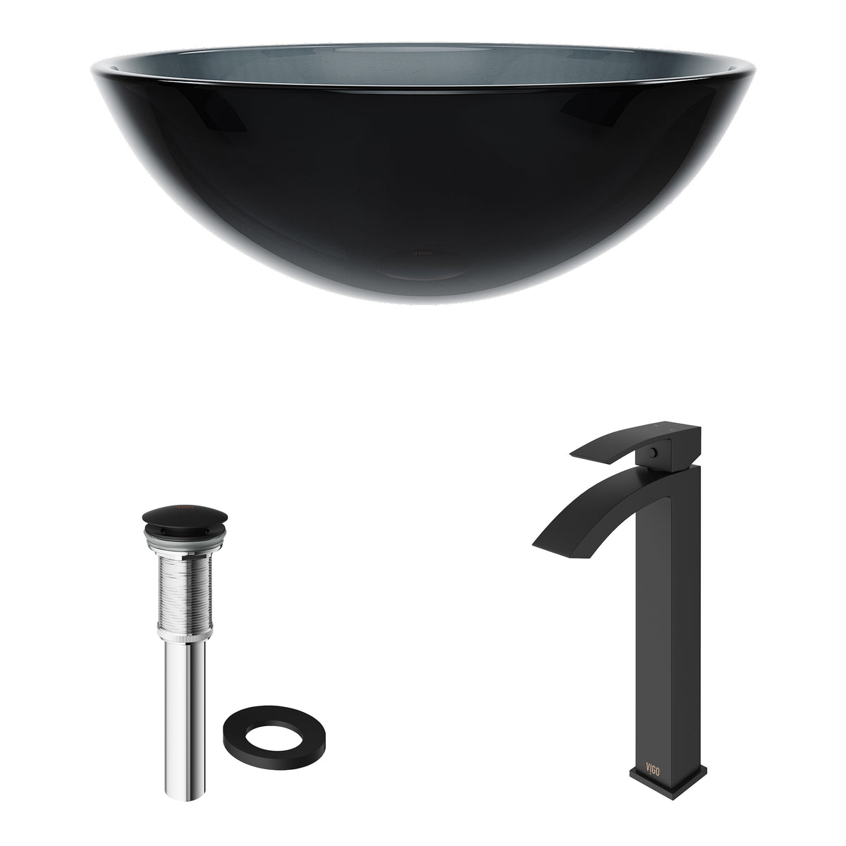 Glass Round Vessel Bathroom Sink in Sheer Black with Duris Faucet and Pop-Up Drain in Matte Black
