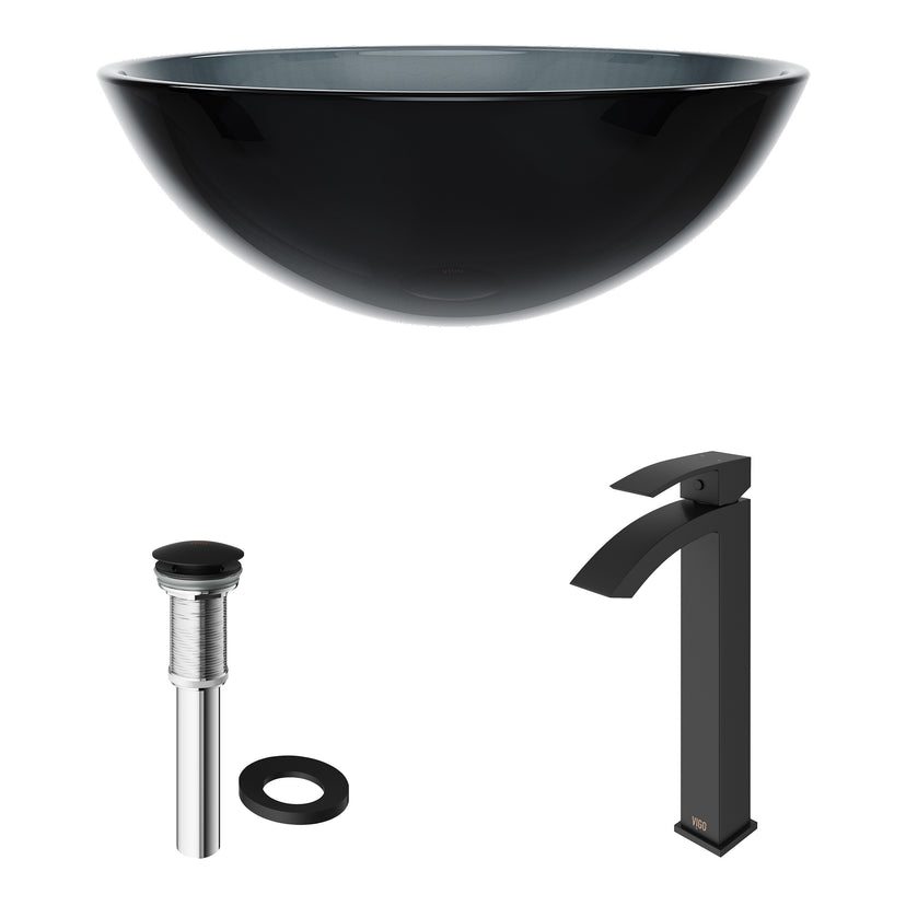 Glass Round Vessel Bathroom Sink in Sheer Black with Duris Faucet and Pop-Up Drain in Matte Black
