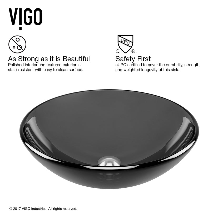Glass Round Vessel Bathroom Sink in Sheer Black with Duris Faucet and Pop-Up Drain in Matte Black