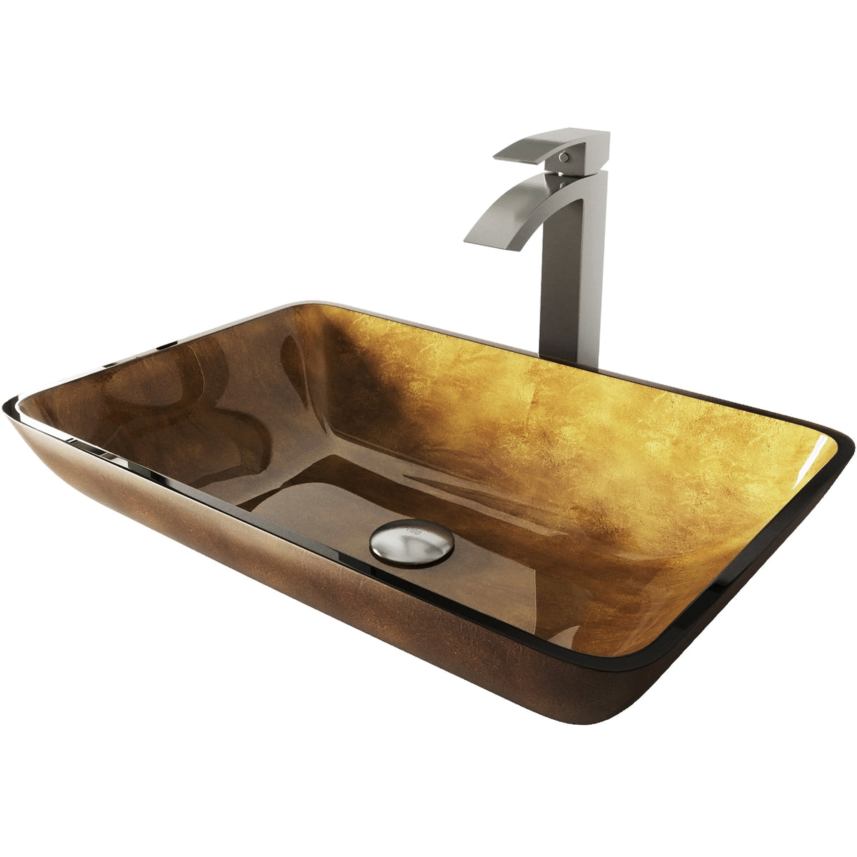 Glass Rectangular Vessel Bathroom Sink in Gold with Duris Faucet and Pop-Up Drain in Brushed Nickel