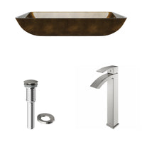 Glass Rectangular Vessel Bathroom Sink in Gold with Duris Faucet and Pop-Up Drain in Brushed Nickel