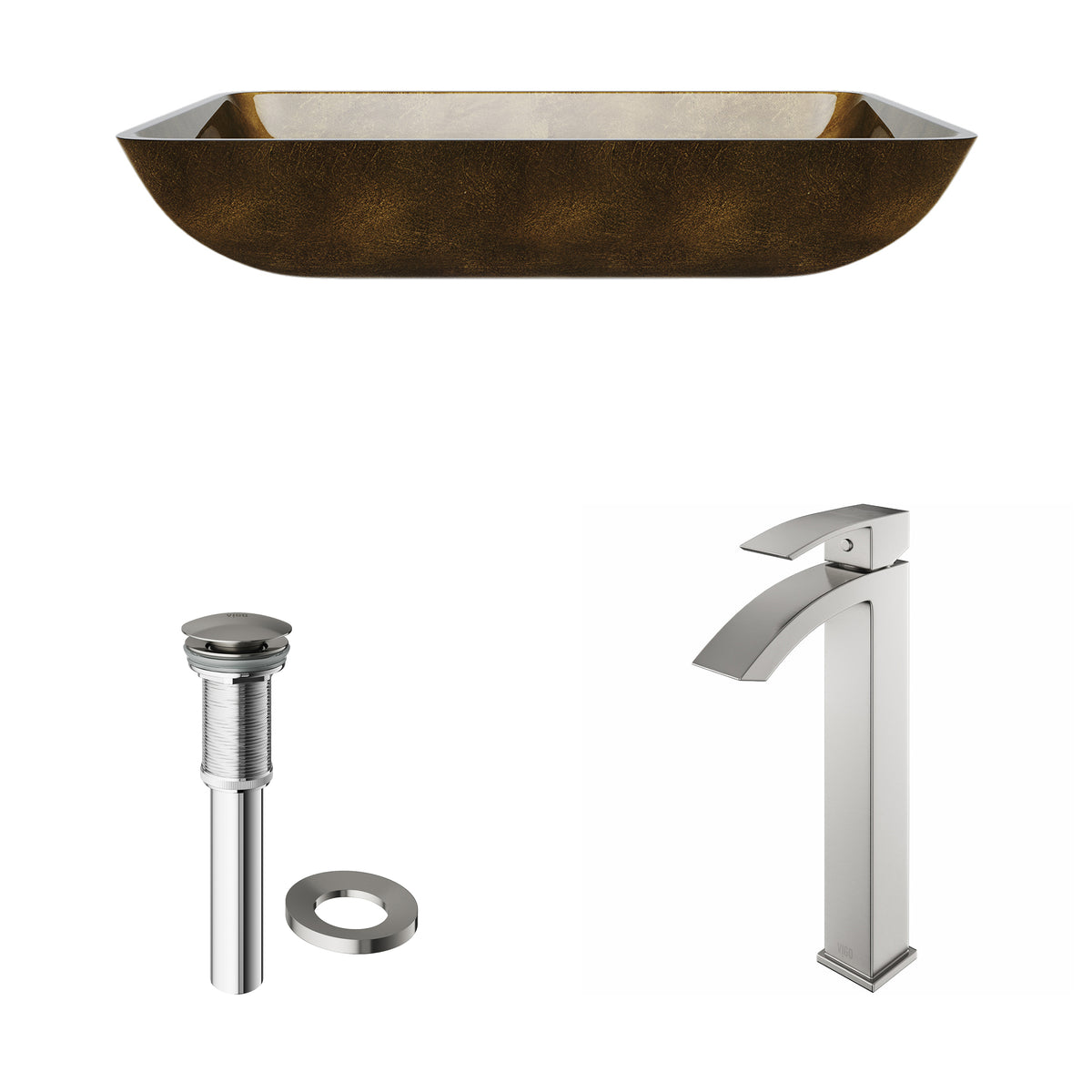 Glass Rectangular Vessel Bathroom Sink in Gold with Duris Faucet and Pop-Up Drain in Brushed Nickel
