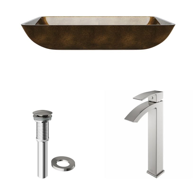 Glass Rectangular Vessel Bathroom Sink in Gold with Duris Faucet and Pop-Up Drain in Brushed Nickel