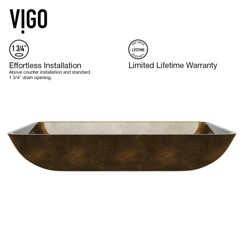 Glass Rectangular Vessel Bathroom Sink in Gold with Duris Faucet and Pop-Up Drain in Brushed Nickel