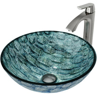 Glass Round Vessel Bathroom Sink in Oceania Blue with Linus Faucet and Pop-Up Drain in Brushed Nickel