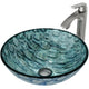 Glass Round Vessel Bathroom Sink in Oceania Blue with Linus Faucet and Pop-Up Drain in Brushed Nickel