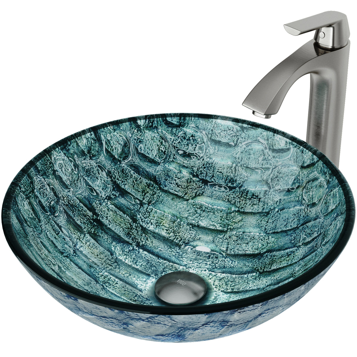 Glass Round Vessel Bathroom Sink in Oceania Blue with Linus Faucet and Pop-Up Drain in Brushed Nickel