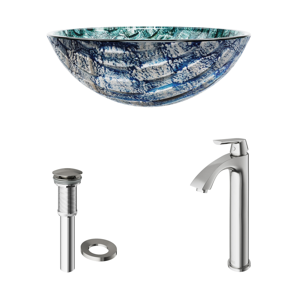 Glass Round Vessel Bathroom Sink in Oceania Blue with Linus Faucet and Pop-Up Drain in Brushed Nickel