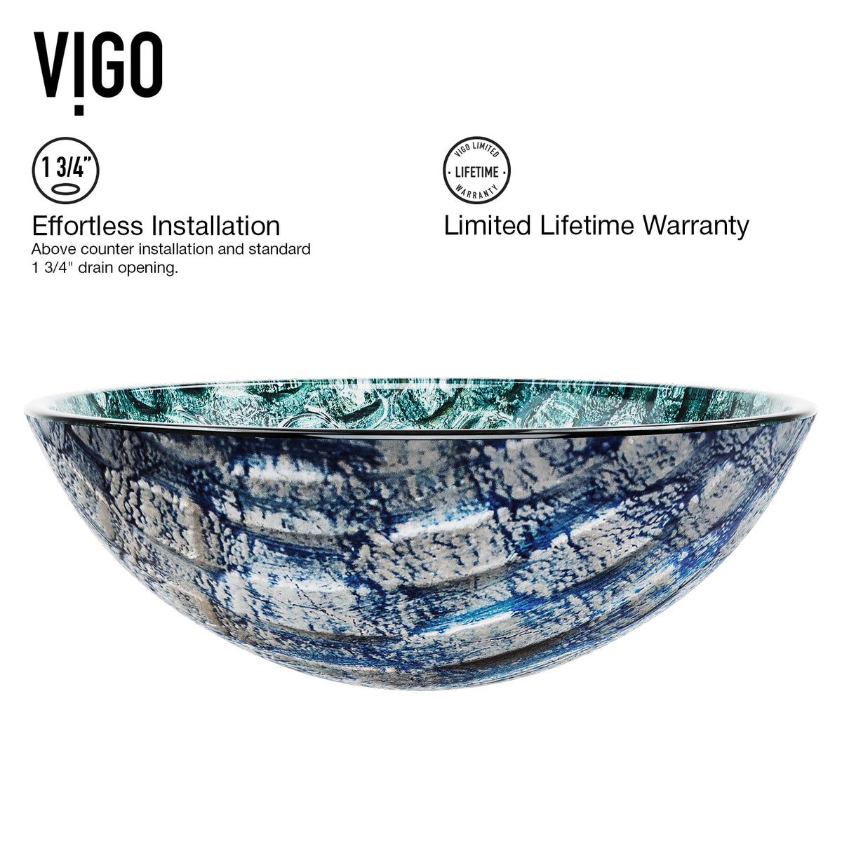Glass Round Vessel Bathroom Sink in Oceania Blue with Linus Faucet and Pop-Up Drain in Brushed Nickel