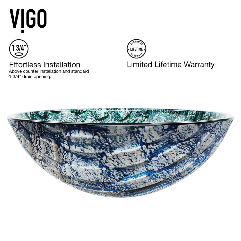 Glass Round Vessel Bathroom Sink in Oceania Blue with Linus Faucet and Pop-Up Drain in Brushed Nickel