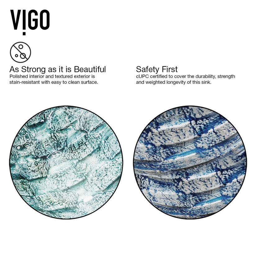 Glass Round Vessel Bathroom Sink in Oceania Blue with Linus Faucet and Pop-Up Drain in Brushed Nickel