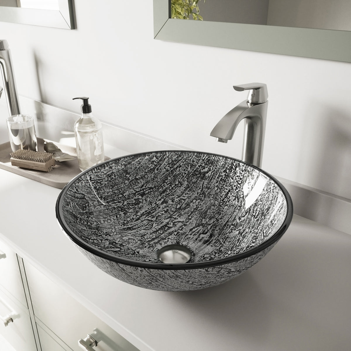 Glass Round Vessel Bathroom Sink in Titanium Gray with Linus Faucet and Pop-Up Drain in Brushed Nickel