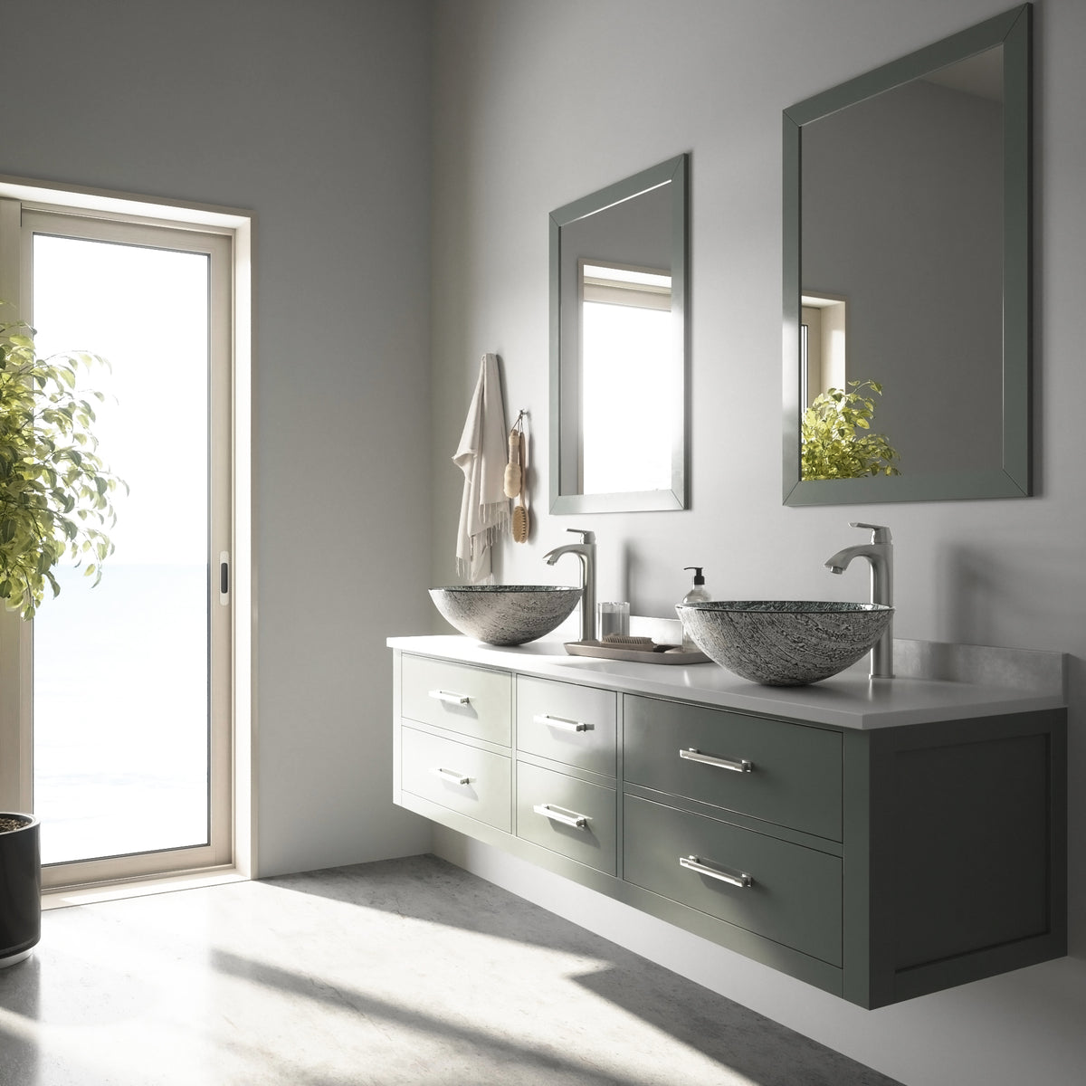 Glass Round Vessel Bathroom Sink in Titanium Gray with Linus Faucet and Pop-Up Drain in Brushed Nickel