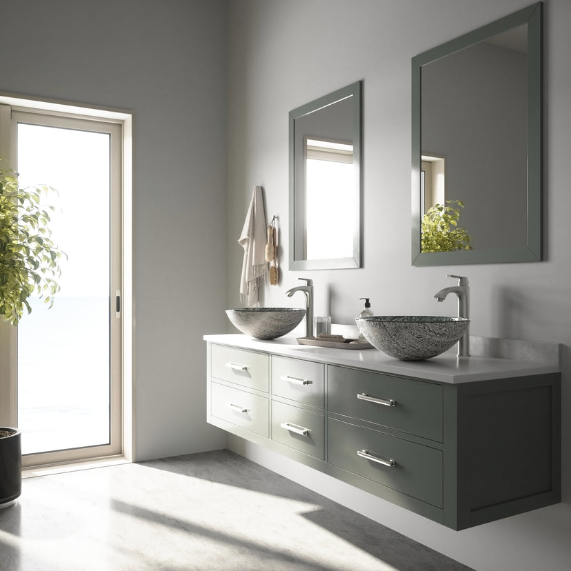 Glass Round Vessel Bathroom Sink in Titanium Gray with Linus Faucet and Pop-Up Drain in Brushed Nickel