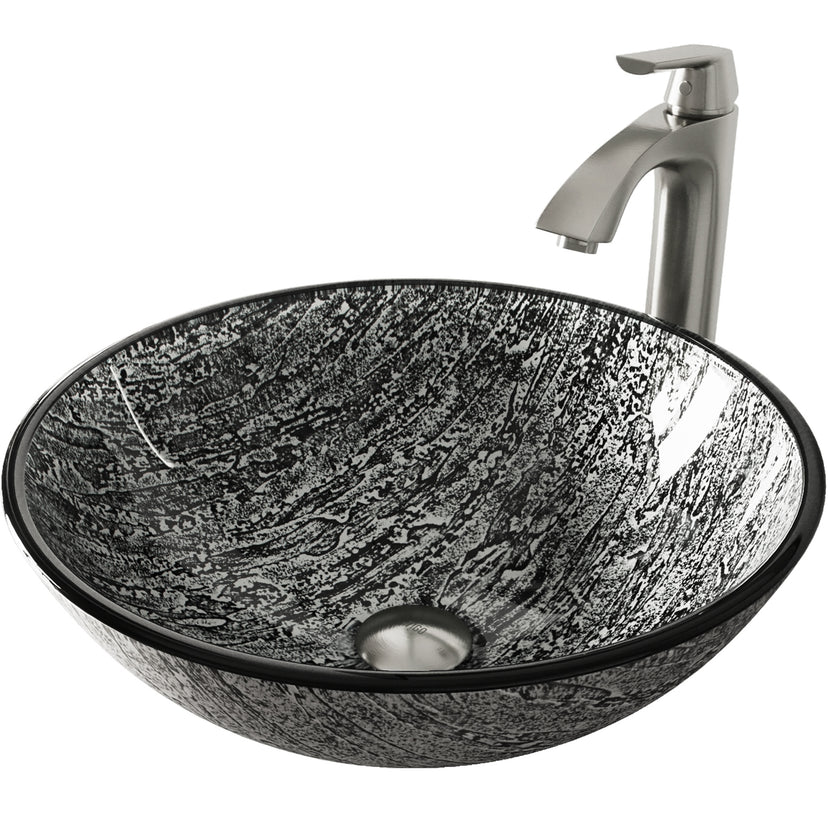 Glass Round Vessel Bathroom Sink in Titanium Gray with Linus Faucet and Pop-Up Drain in Brushed Nickel
