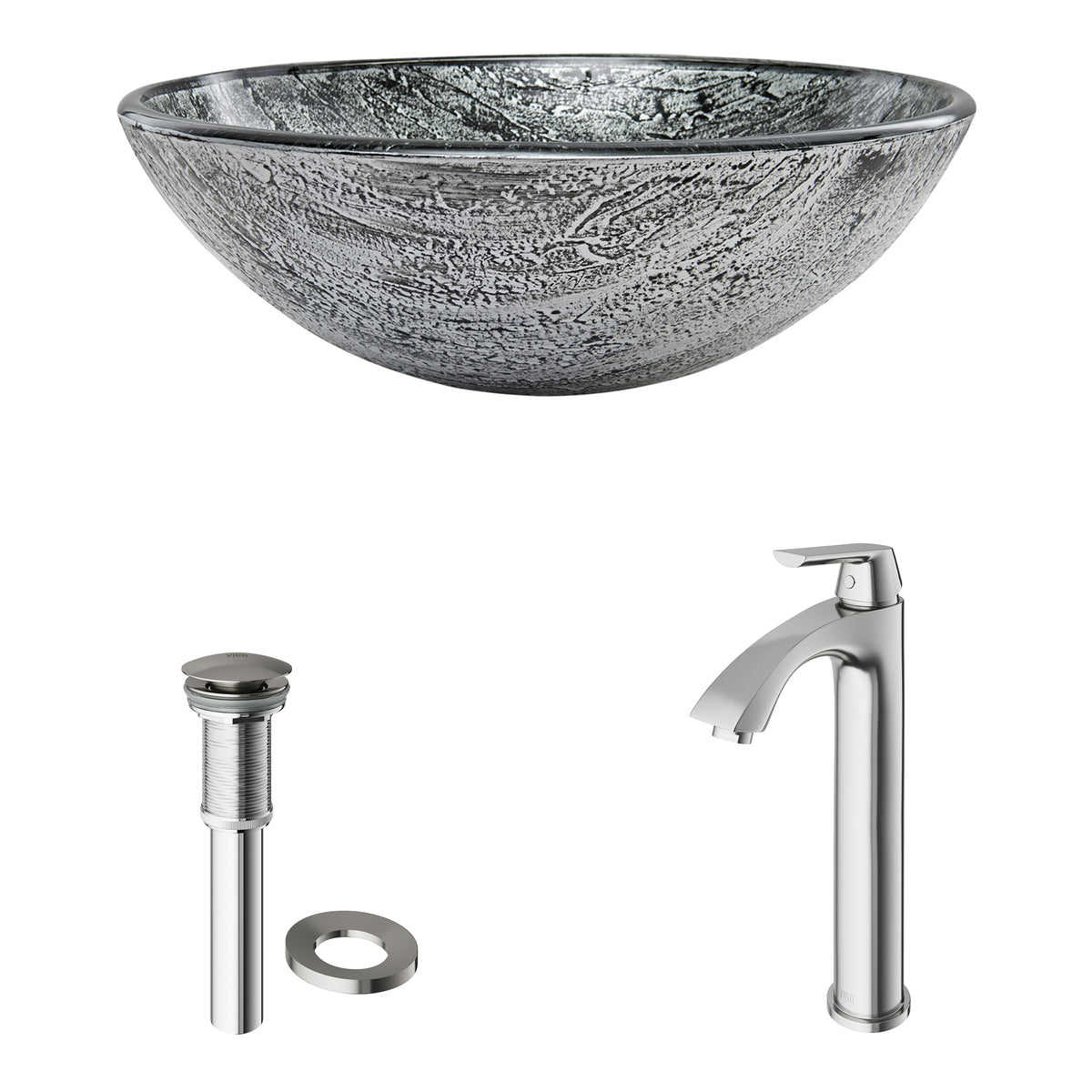 Glass Round Vessel Bathroom Sink in Titanium Gray with Linus Faucet and Pop-Up Drain in Brushed Nickel