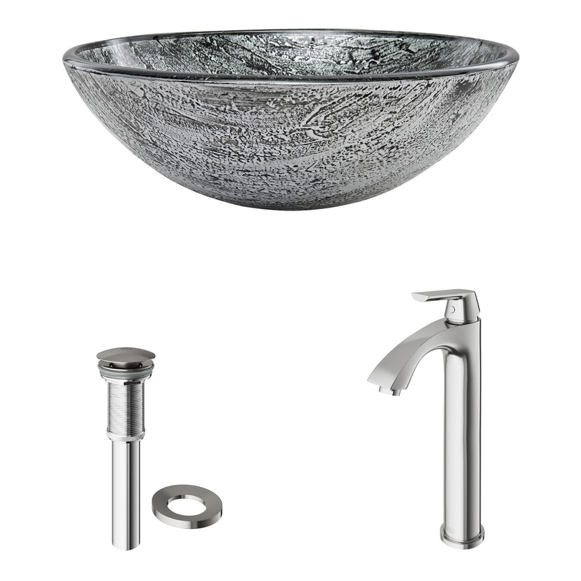 Glass Round Vessel Bathroom Sink in Titanium Gray with Linus Faucet and Pop-Up Drain in Brushed Nickel