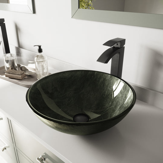 Glass Round Vessel Bathroom Sink in Onyx Gray with Duris Faucet and Pop-Up Drain in Matte Black