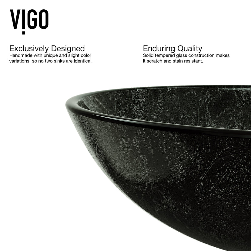 Glass Round Vessel Bathroom Sink in Onyx Gray with Duris Faucet and Pop-Up Drain in Matte Black
