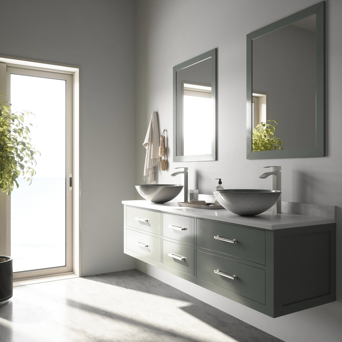 Glass Round Vessel Bathroom Sink in Silver with Duris Faucet and Pop-Up Drain in Brushed Nickel