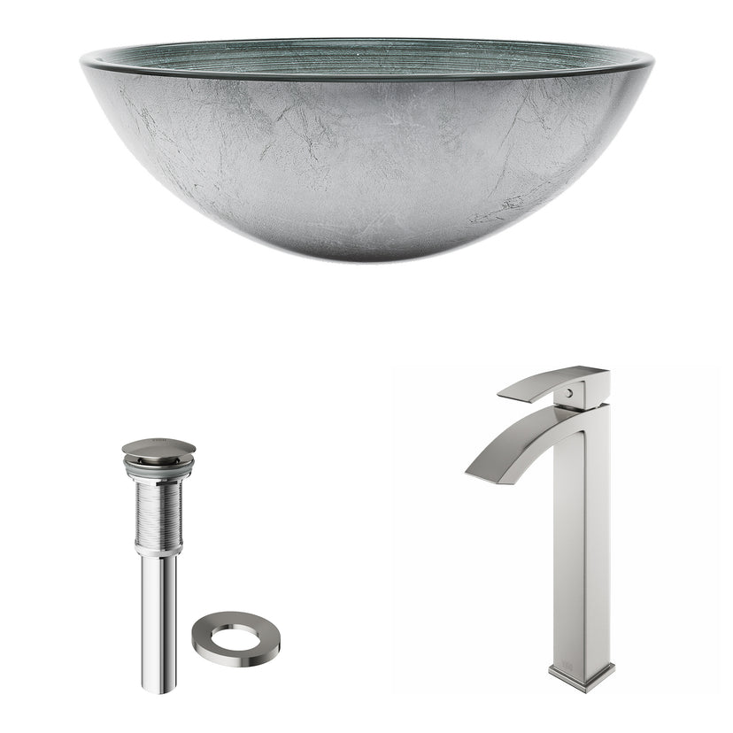 Glass Round Vessel Bathroom Sink in Silver with Duris Faucet and Pop-Up Drain in Brushed Nickel