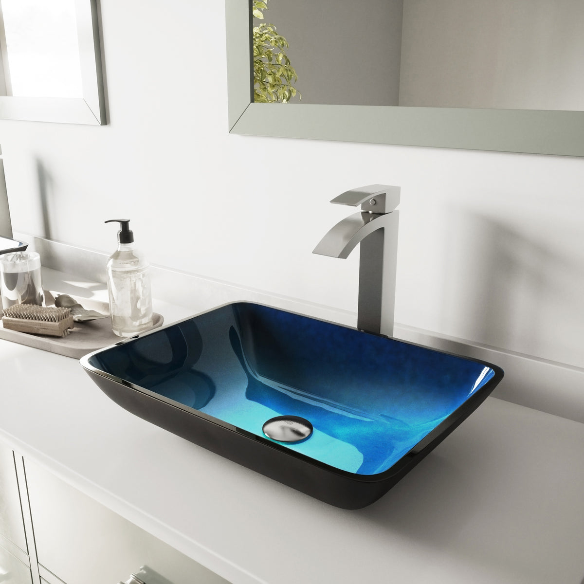 Glass Rectangular Vessel Bathroom Sink in Turquoise Blue with Duris Faucet and Pop-Up Drain in Brushed Nickel