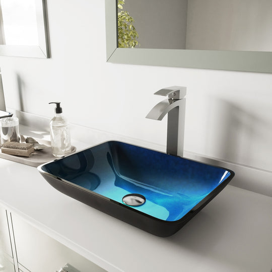 Glass Rectangular Vessel Bathroom Sink in Turquoise Blue with Duris Faucet and Pop-Up Drain in Brushed Nickel