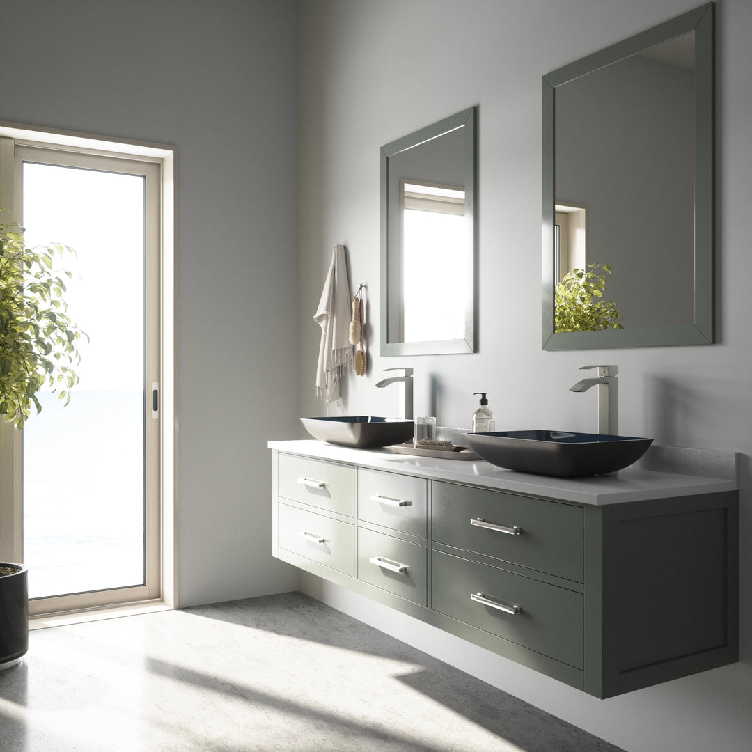 Glass Rectangular Vessel Bathroom Sink in Turquoise Blue with Duris Faucet and Pop-Up Drain in Brushed Nickel