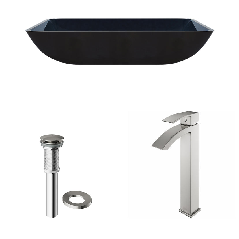 Glass Rectangular Vessel Bathroom Sink in Turquoise Blue with Duris Faucet and Pop-Up Drain in Brushed Nickel