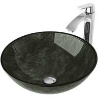 Glass Round Vessel Bathroom Sink in Onyx Gray with Linus Faucet and Pop-Up Drain in Chrome