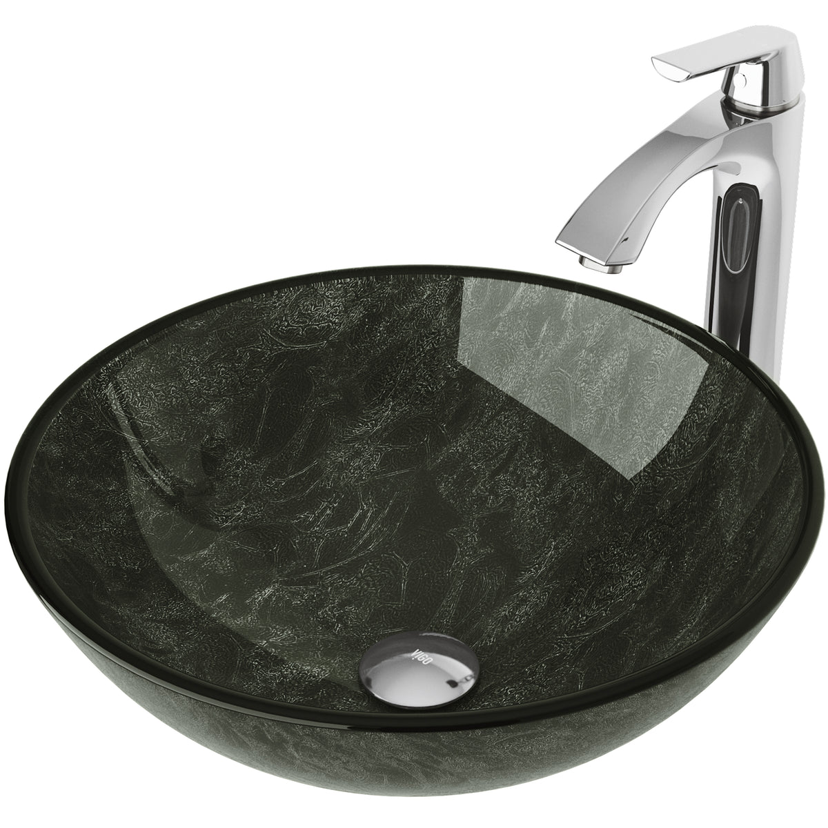 Glass Round Vessel Bathroom Sink in Onyx Gray with Linus Faucet and Pop-Up Drain in Chrome