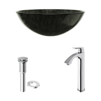 Glass Round Vessel Bathroom Sink in Onyx Gray with Linus Faucet and Pop-Up Drain in Chrome