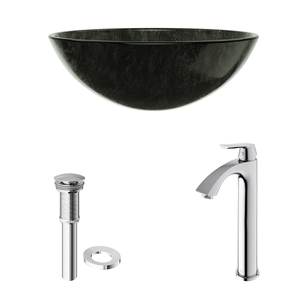 Glass Round Vessel Bathroom Sink in Onyx Gray with Linus Faucet and Pop-Up Drain in Chrome