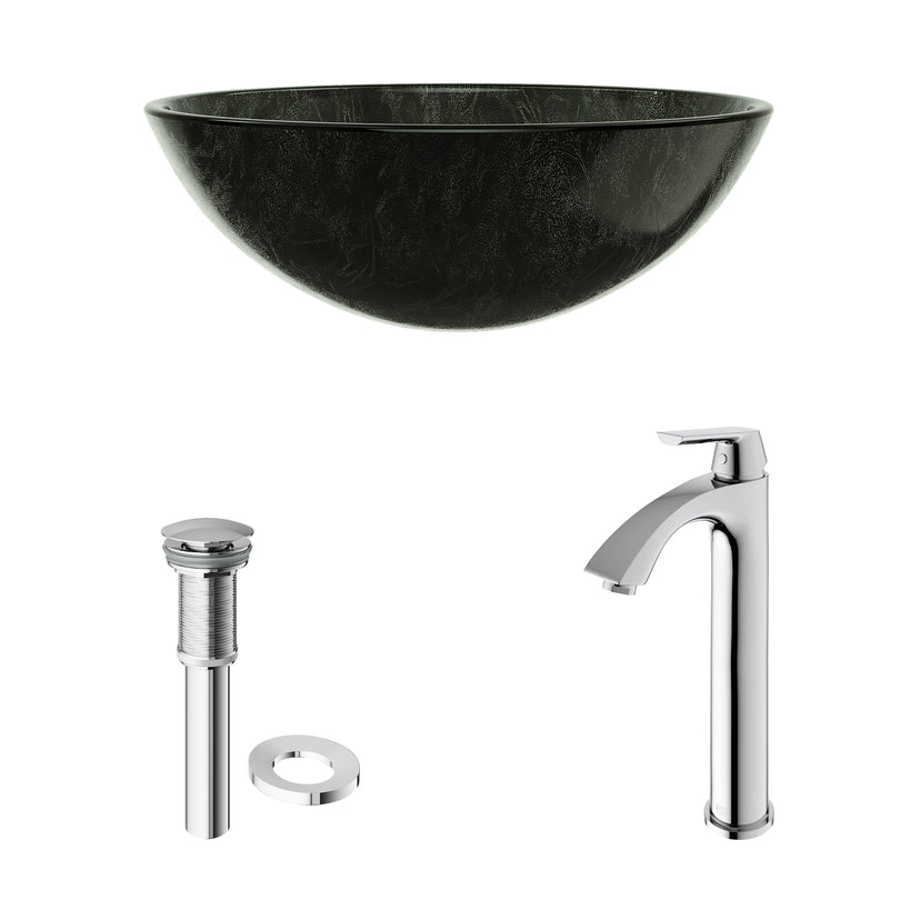Glass Round Vessel Bathroom Sink in Onyx Gray with Linus Faucet and Pop-Up Drain in Chrome