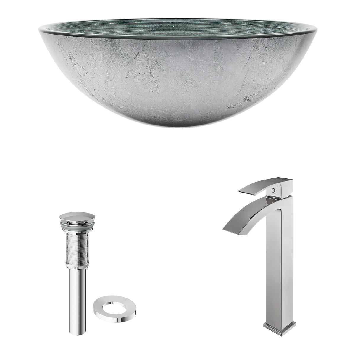 Glass Round Vessel Bathroom Sink in Silver with Duris Faucet and Pop-Up Drain in Chrome