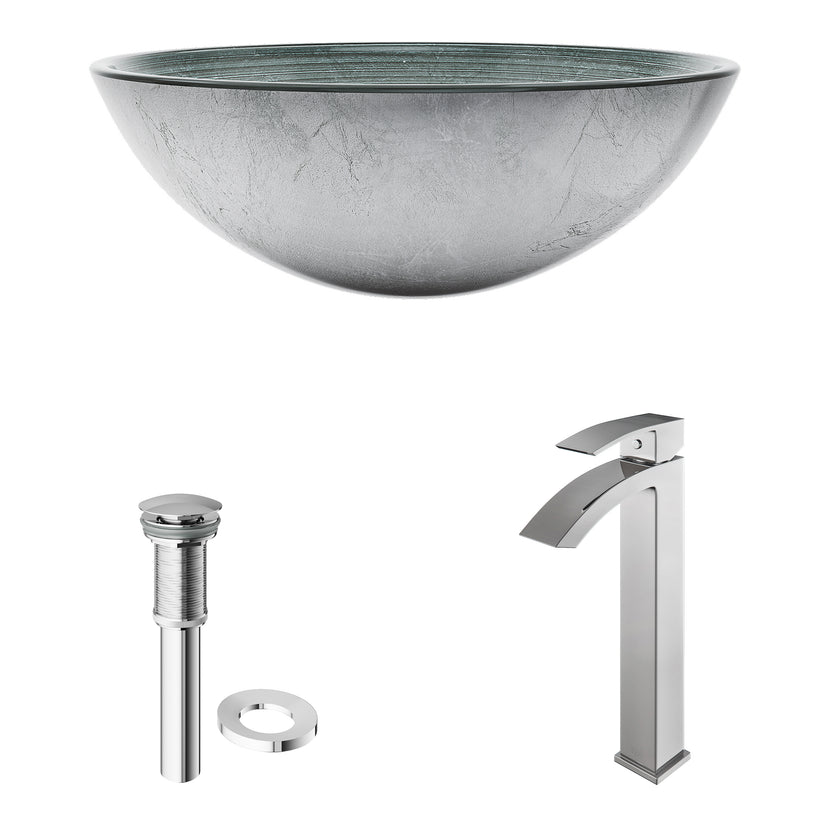 Glass Round Vessel Bathroom Sink in Silver with Duris Faucet and Pop-Up Drain in Chrome