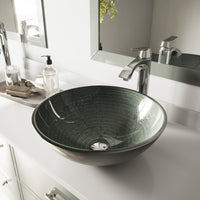 Glass Round Vessel Bathroom Sink in Silver with Linus Faucet and Pop-Up Drain in Chrome