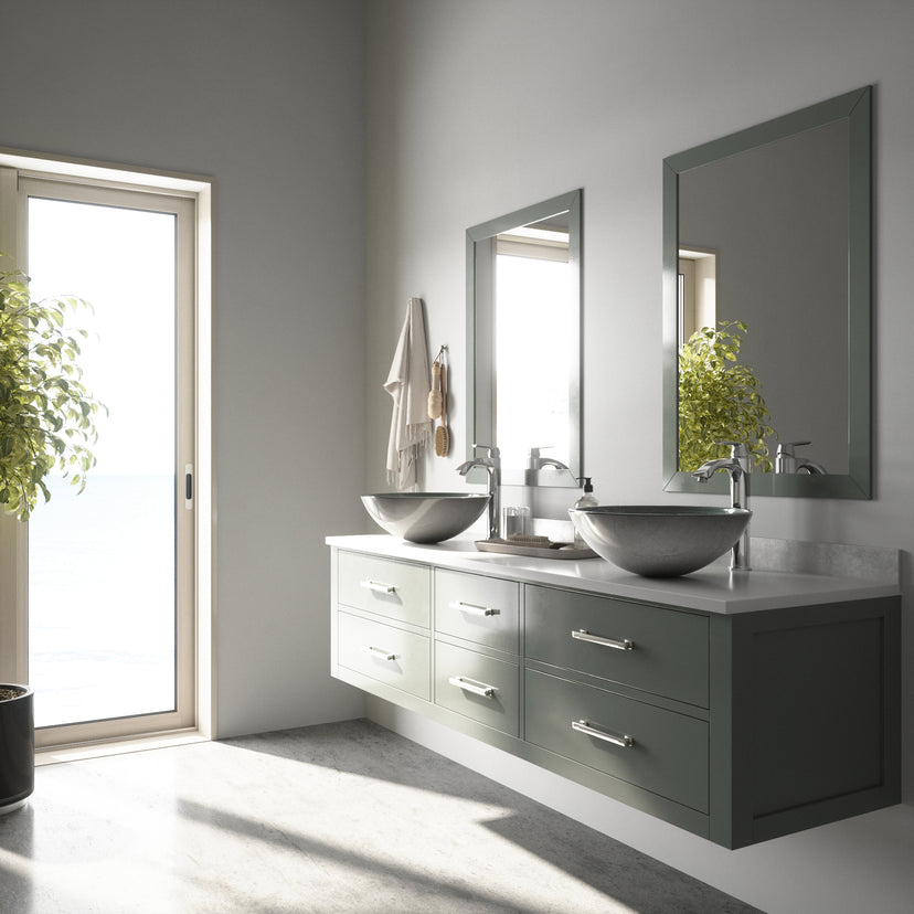 Glass Round Vessel Bathroom Sink in Silver with Linus Faucet and Pop-Up Drain in Chrome
