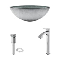 Glass Round Vessel Bathroom Sink in Silver with Linus Faucet and Pop-Up Drain in Chrome