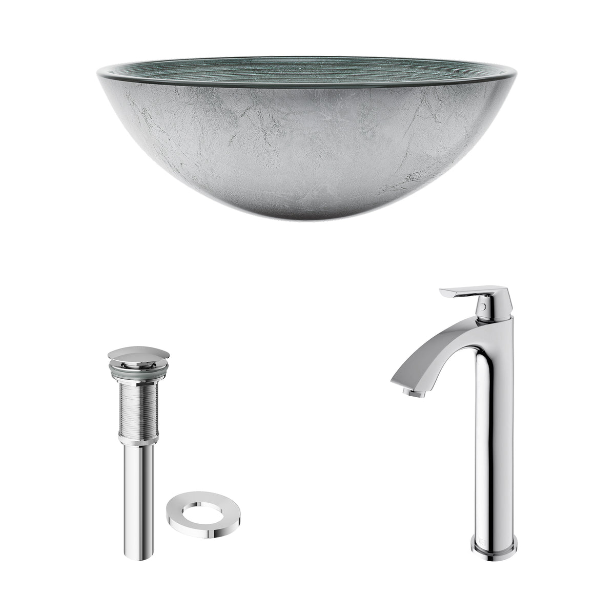 Glass Round Vessel Bathroom Sink in Silver with Linus Faucet and Pop-Up Drain in Chrome