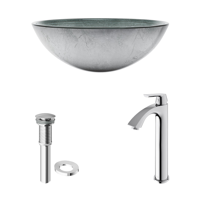 Glass Round Vessel Bathroom Sink in Silver with Linus Faucet and Pop-Up Drain in Chrome