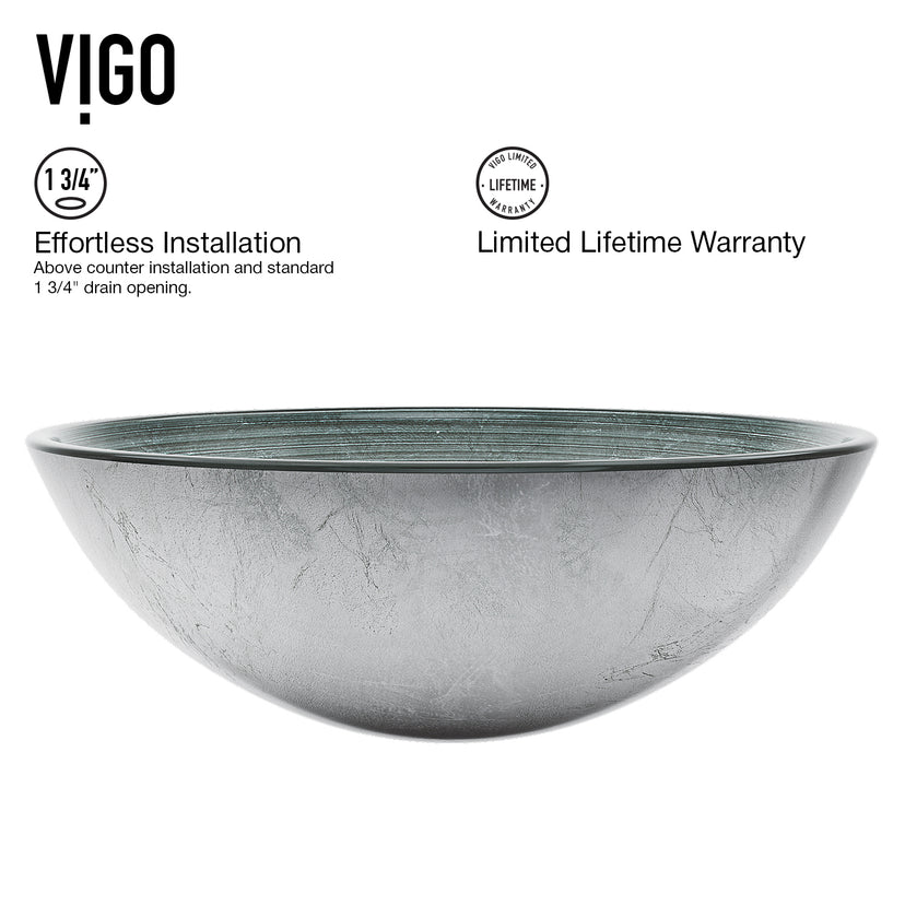 Glass Round Vessel Bathroom Sink in Silver with Linus Faucet and Pop-Up Drain in Chrome