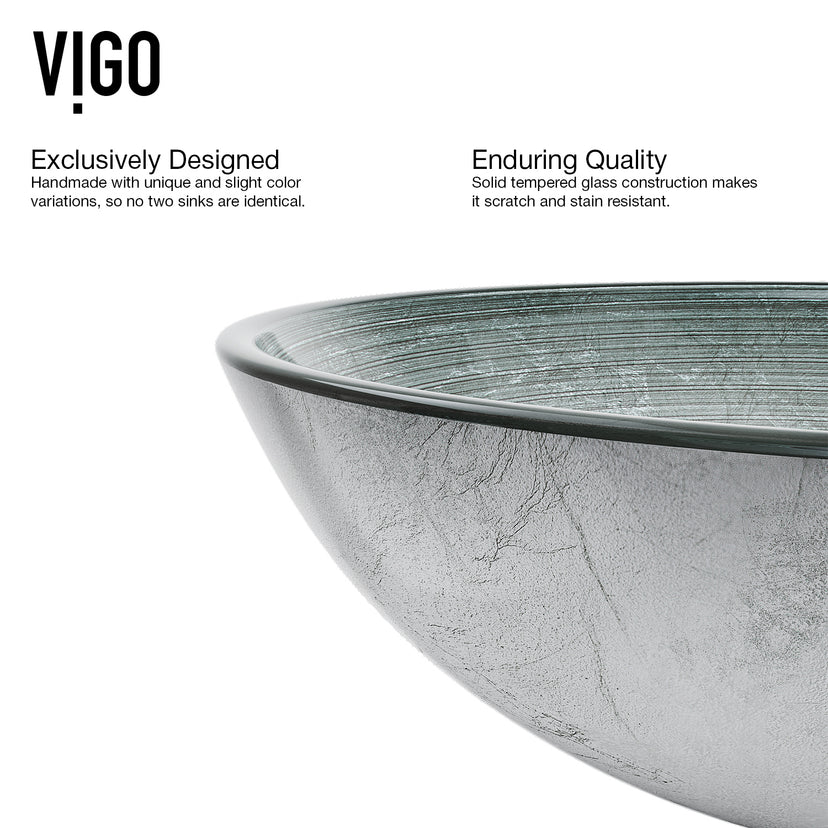 Glass Round Vessel Bathroom Sink in Silver with Linus Faucet and Pop-Up Drain in Chrome