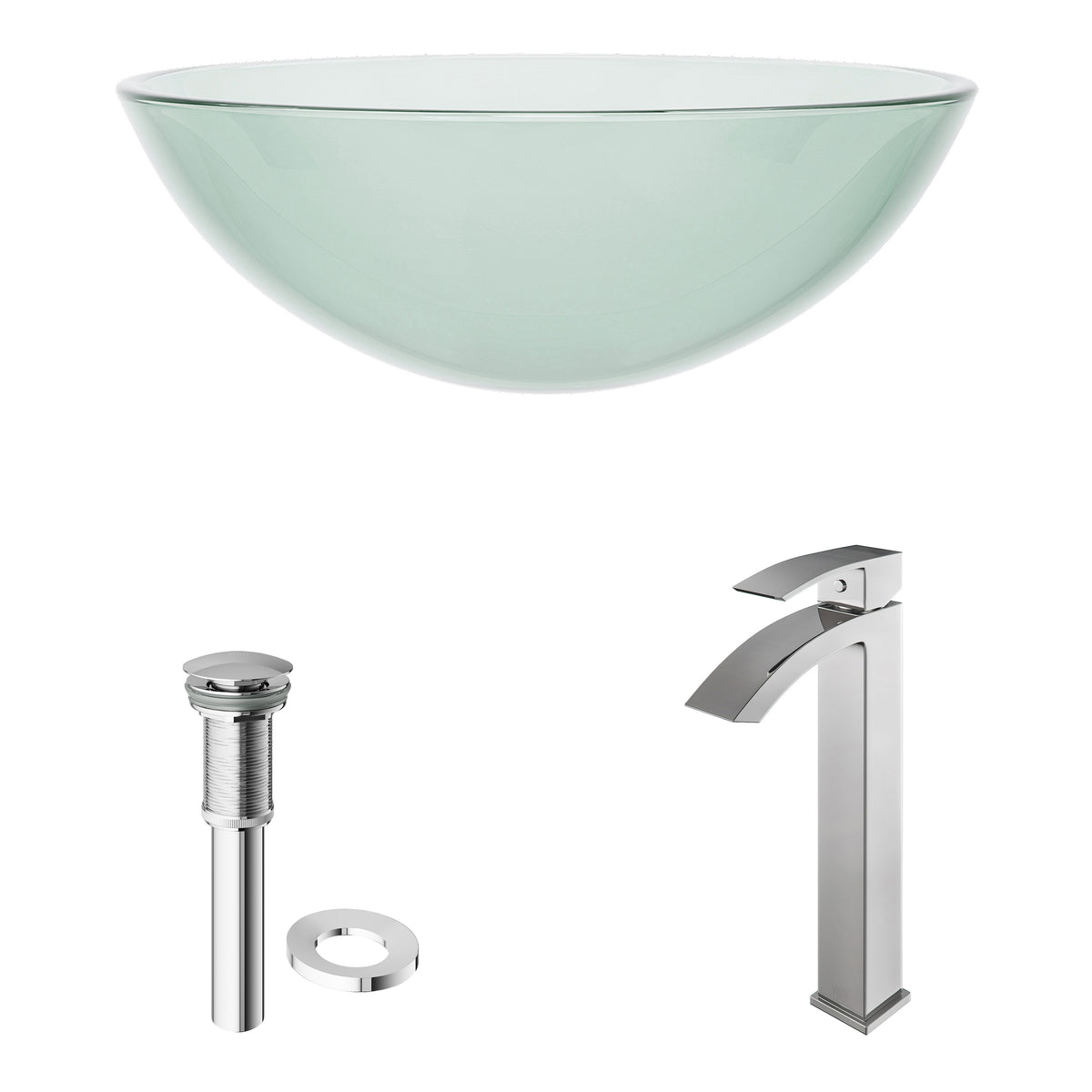 Glass Round Vessel Bathroom Sink in Iridescent with Duris Faucet and Pop-Up Drain in Chrome